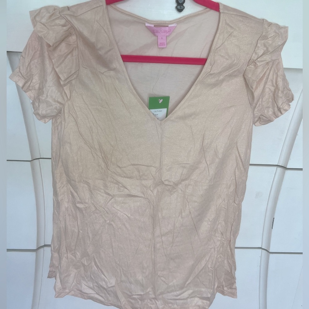 Lilly Pulitzer Samira gold shimmer ruffle top NWT in color Sand bar.